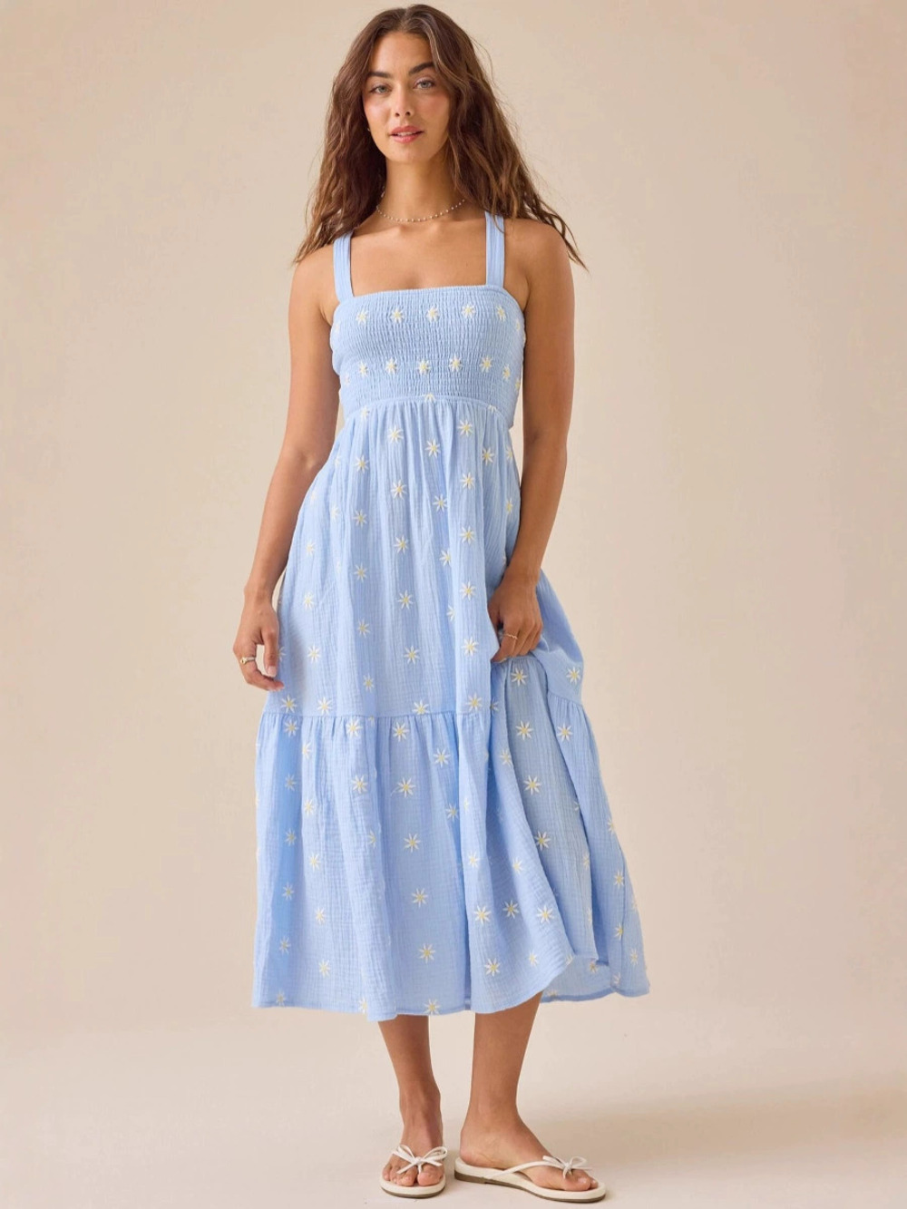 Zara Vacation Embroidered Strappy Summer Maxi Dress with Cinched Waist